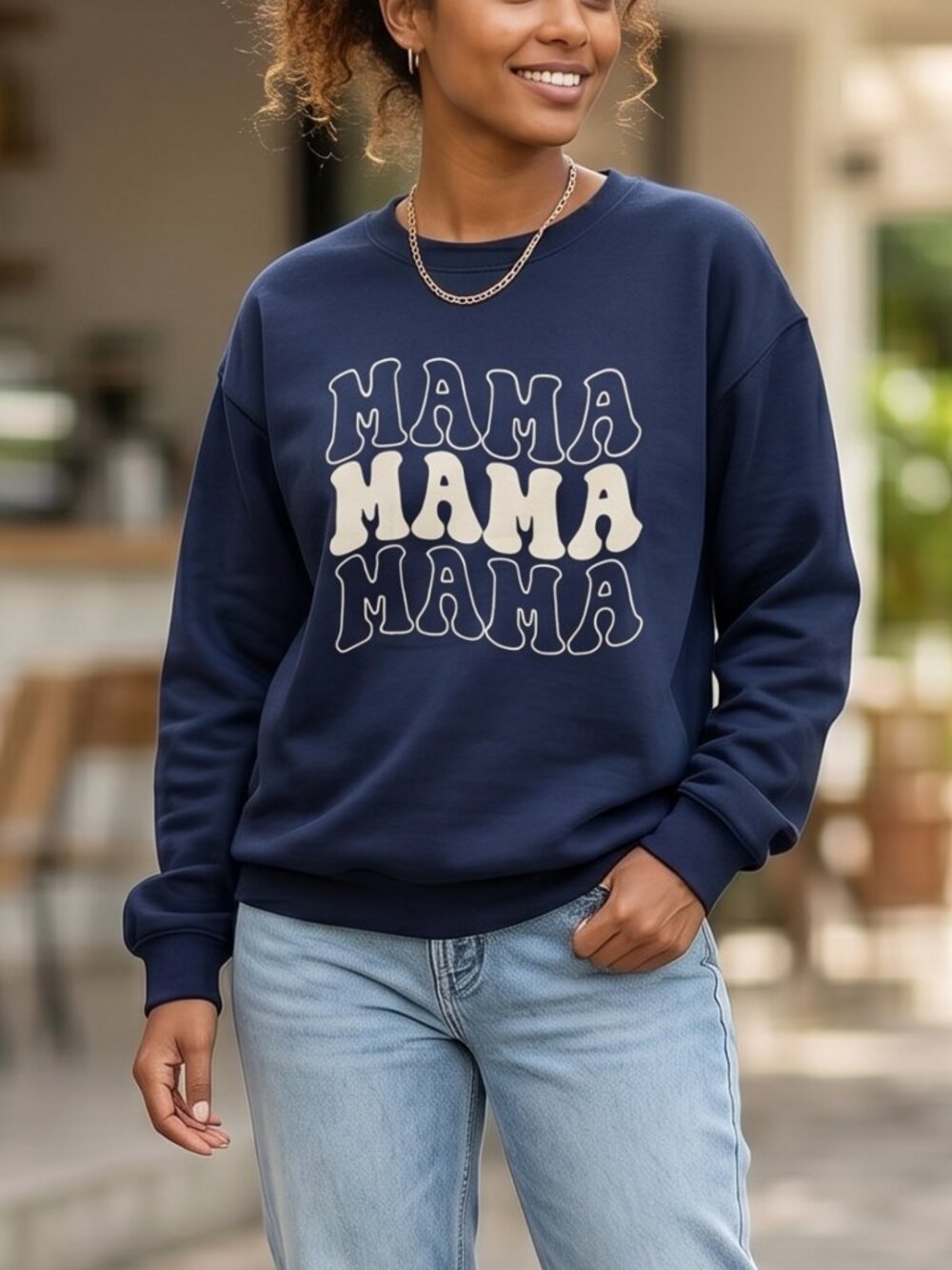 NWOT | Navy Blue Mama  Graphic Print Crew Neck Fleece Oversized Sweatshirt Small